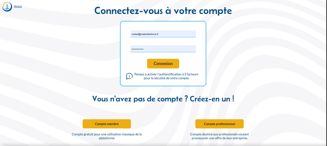 Aperçu de la page de connection