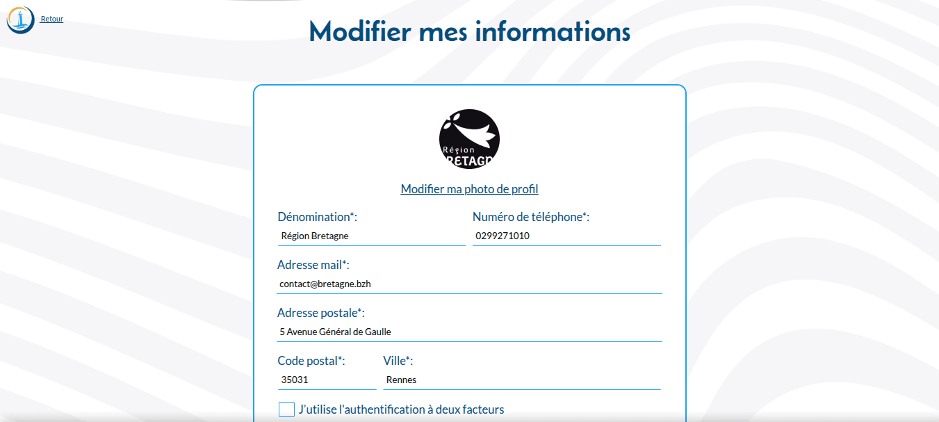 Aperçu de la page de modification du compte